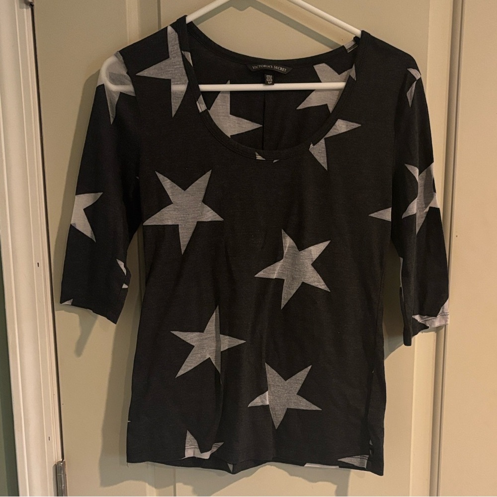 Victoria's Secret Women’s Small Charcoal White Star Print 3/4 Sleeve Top